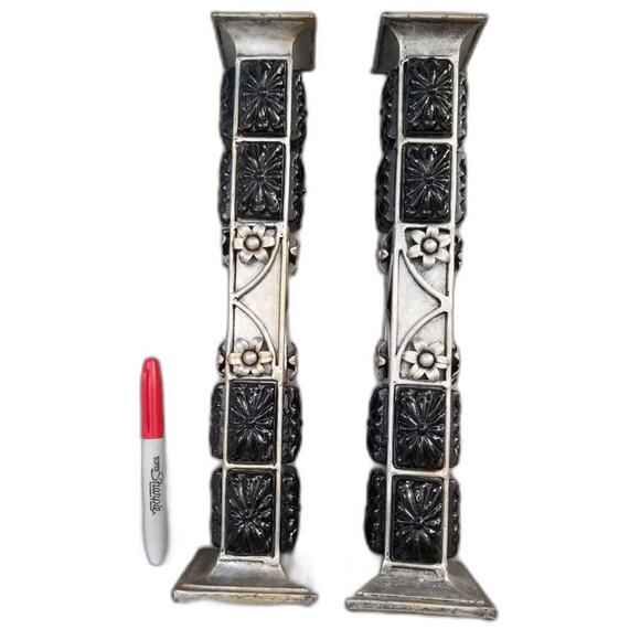 Vintage Heavy Candlesticks Black Ceramic Mixed Metals Flowers 15 In. Pair of Two - Picture 1 of 8